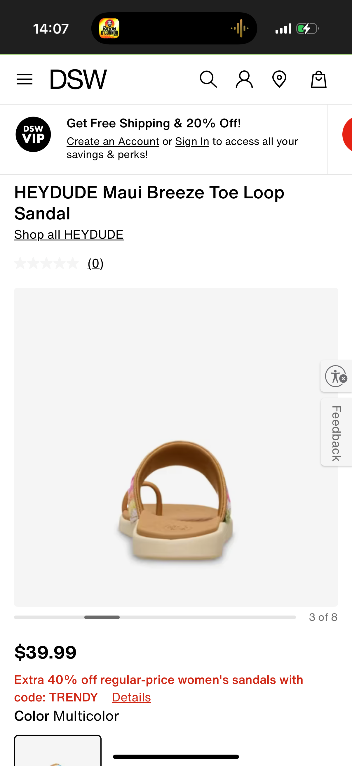 HEYDUDE Maui Breeze Toe Loop Sandal Size: US W8