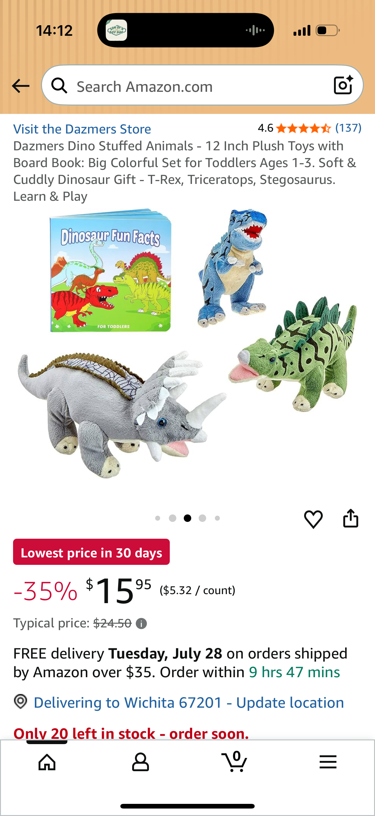 Dazmers Dino Stuffed Animals - 12 Inch Plush Toys with Board Book: Big Colorful Set for Toddlers Ages 1-3. Soft & Cuddly Dinosaur Gift - T-Rex, Triceratops, Stegosaurus. Learn & Play