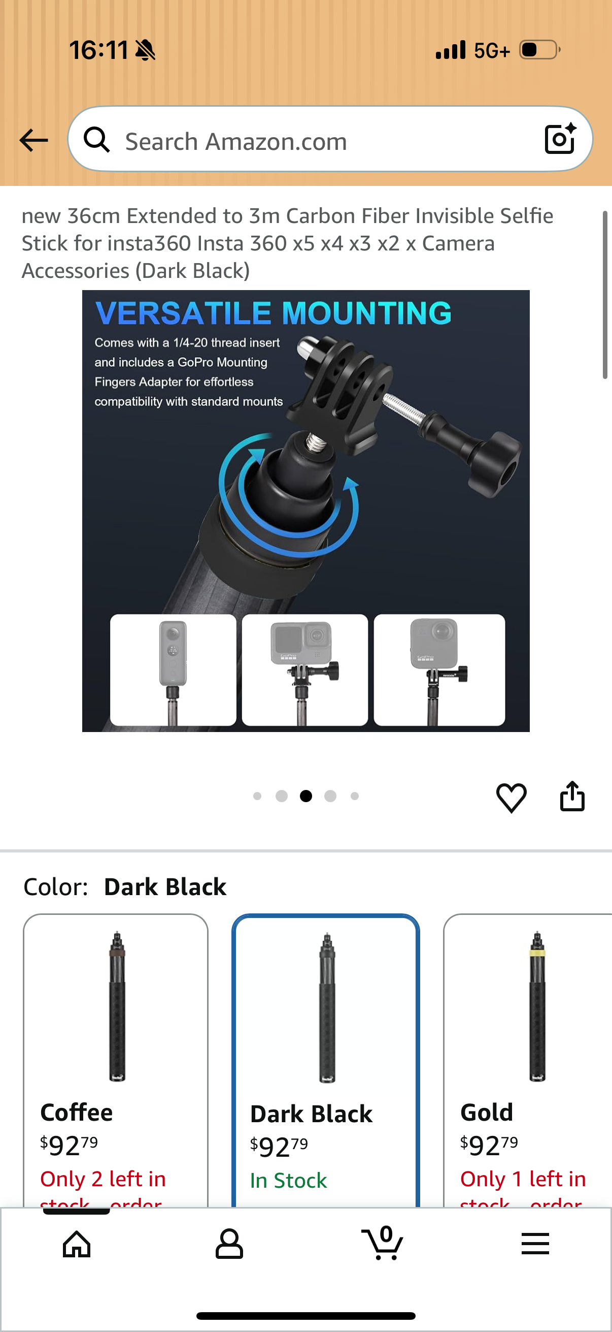 36cm Extended to 3m Carbon Fiber Invisible Selfie Stick for insta360 Insta 360 x5 x4 x3 x2 x Camera Accessories (Dark Black)