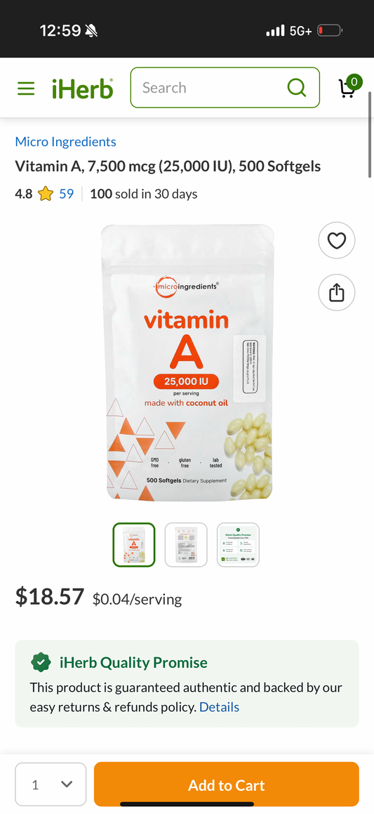 Micro Ingredients Vitamin A, Made with Coconut Oil, 500 Soft Gel Tablets, 25,000 IU per serving EXP: 03/2028