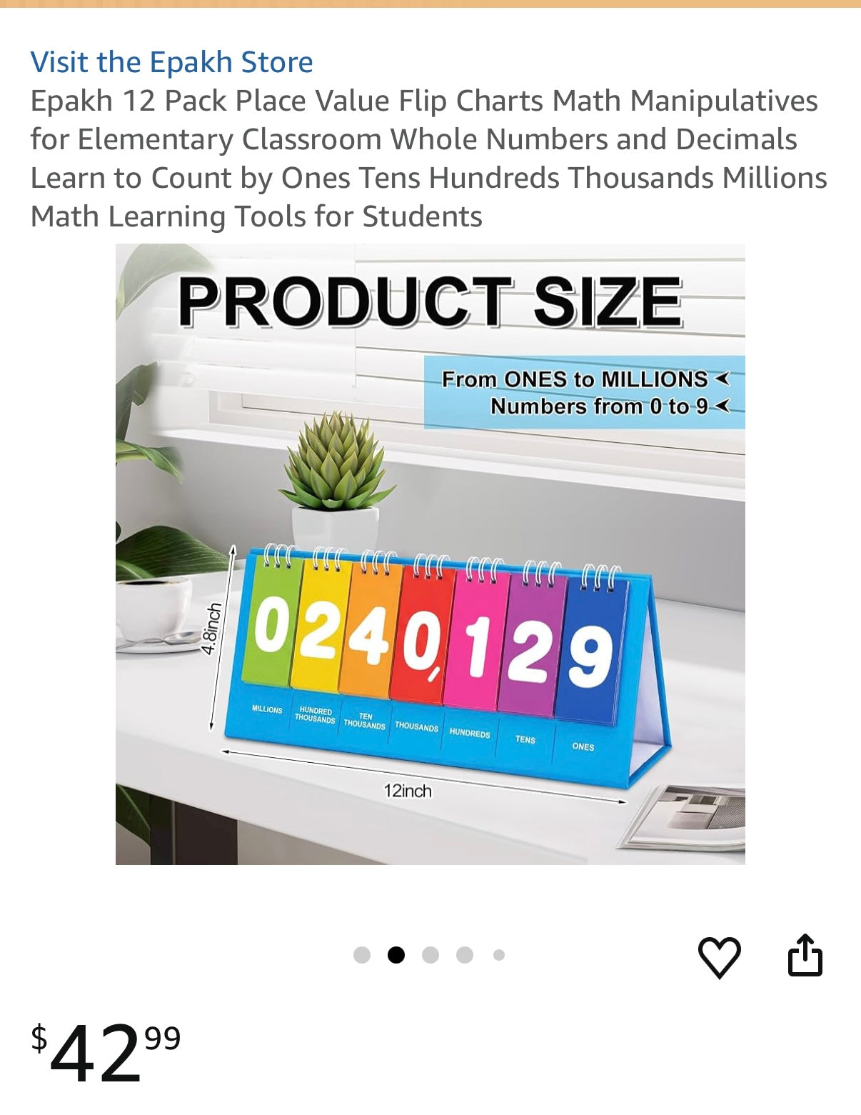 Epakh 12 Pack Place Value Flip Charts Math Manipulatives for Elementary Classroom Whole Numbers and Decimals Learn to Count by Ones Tens Hundreds Thousands Millions Math Learning Tools for Students