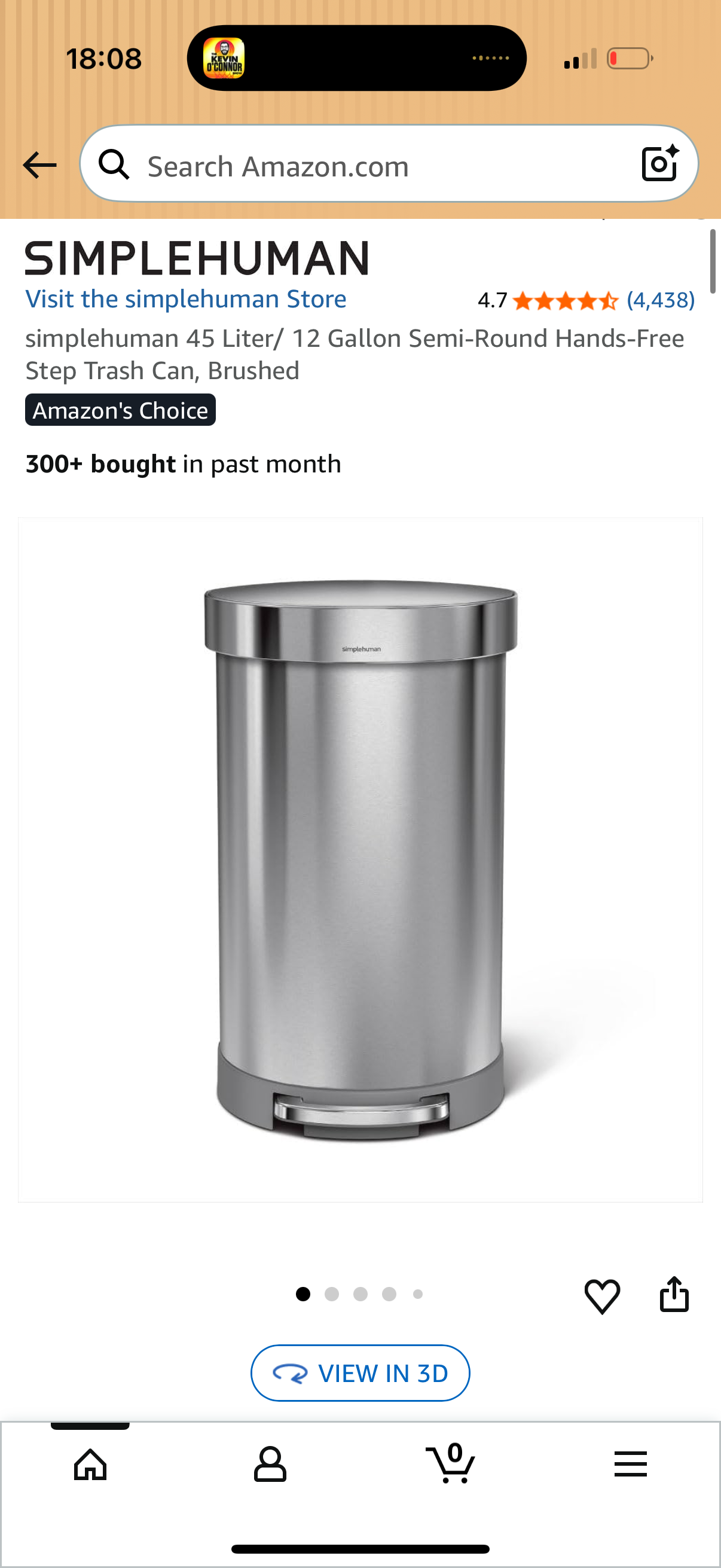 Simplehuman 45 Liter/ 12 Gallon Semi-Round Hands-Free Step Trash Can, Brushed