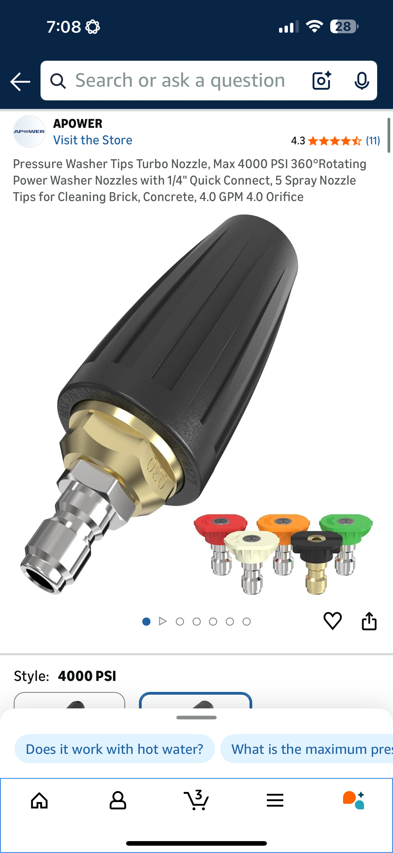 Pressure Washer Tips Turbo Nozzle, Max 4000 PSI 360°Rotating Power Washer Nozzles with 1/4" Quick Connect, 5 Spray Nozzle Tips for Cleaning Brick, Concrete, 4.0 GPM 4.0 Orifice