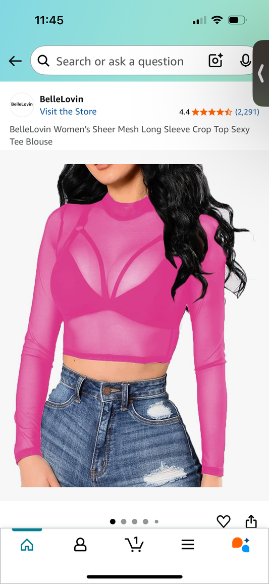 BelleLovin Women's Sheer Mesh Long Sleeve Crop Top (Size S)