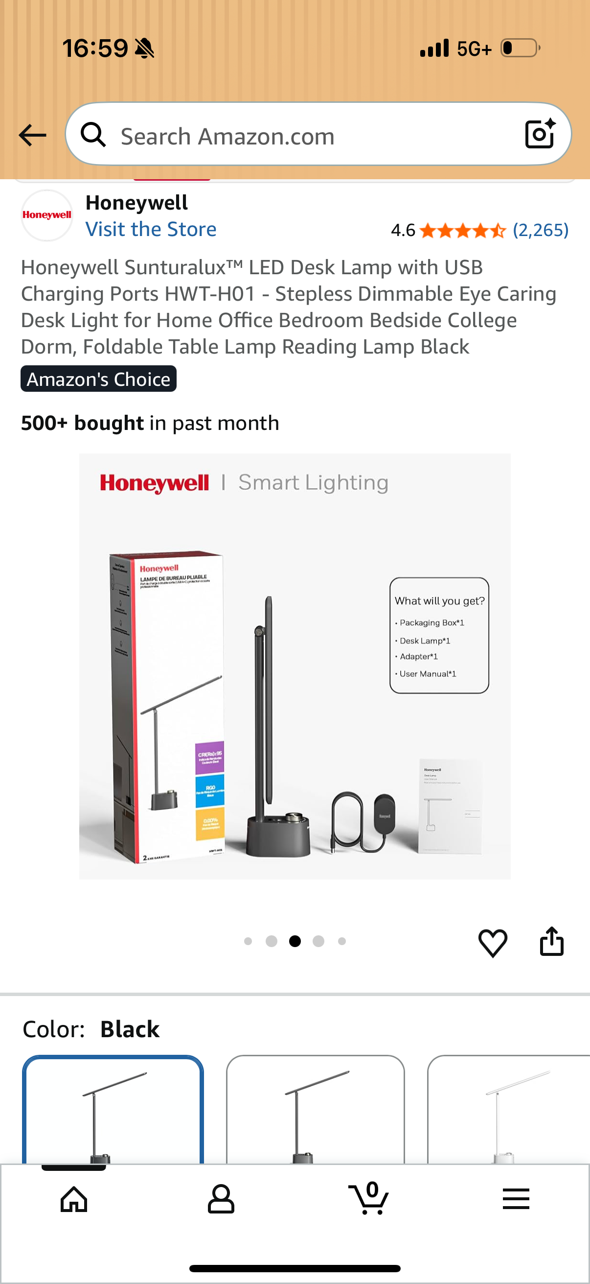 Honeywell Sunturalux™ LED Desk Lamp with USB Charging Ports HWT-HO1 - Stepless Dimmable Eye Caring Desk Light for Home Office Bedroom Bedside College Dorm, Foldable Table Lamp Reading Lamp Black