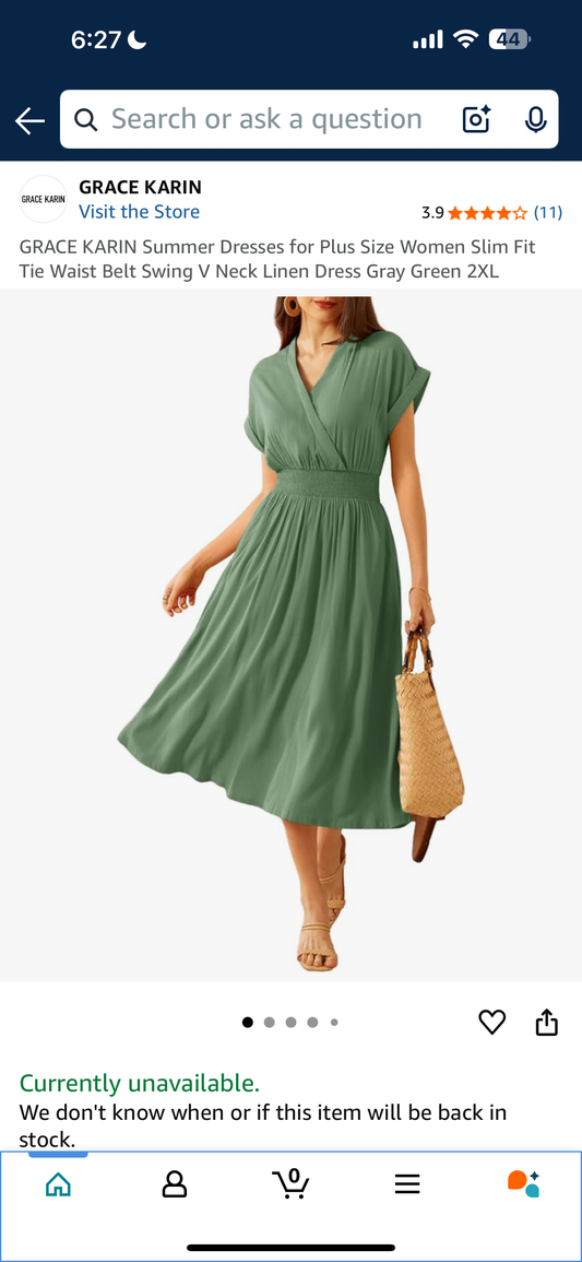 GRACE KARIN Summer Dresses for Plus Size Women Slim Fit Tie Waist Belt Swing V Neck Linen Dress Gray Green (Size 2XL)