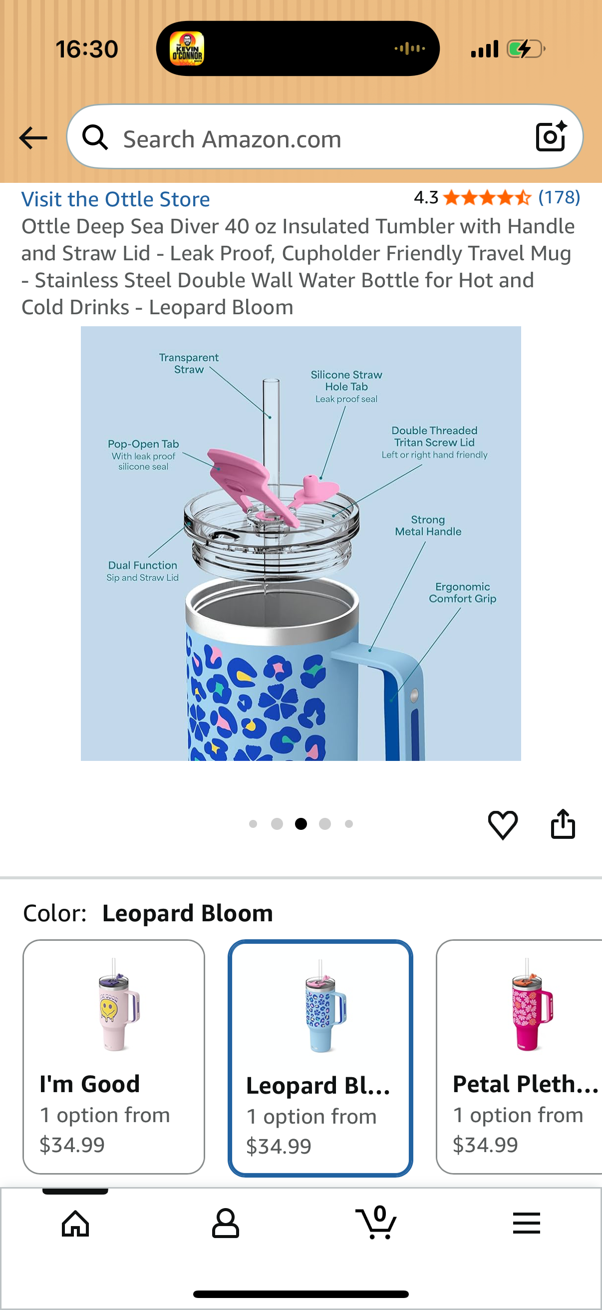 Ottle Deep Sea Diver 40 oz Insulated Tumbler with Handle and Straw Lid - Leak Proof, Cupholder Friendly Travel Mug - Stainless Steel Double Wall Water Bottle for Hot and Cold Drinks - Leopard Bloom