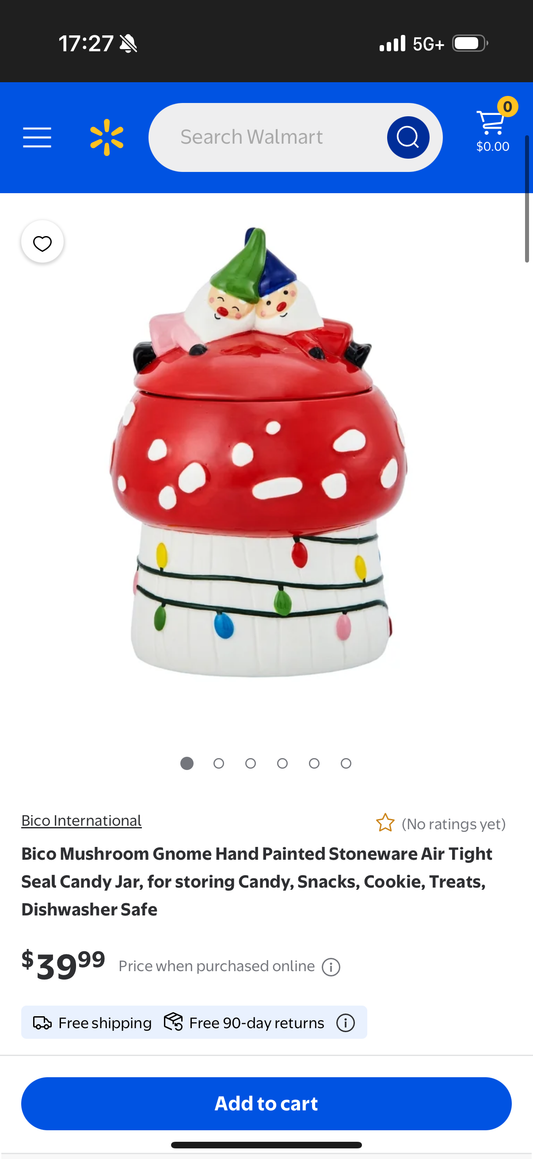 Bico Mushroom Gnome Hand Painted Stoneware Air Tight Seal Candy Jar, for storing Candy, Snacks, Cookie, Treats, Dishwasher Safe