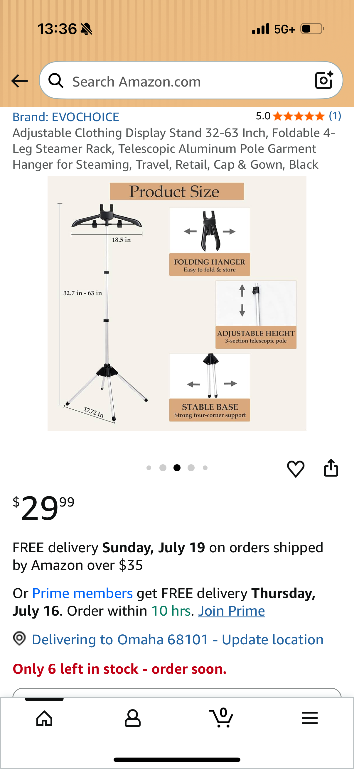 Adjustable Clothing Display Stand 32-63 Inch, Foldable 4-Leg Steamer Rack, Telescopic Aluminum Pole Garment Hanger for Steaming, Travel, Retail, Cap & Gown, Black