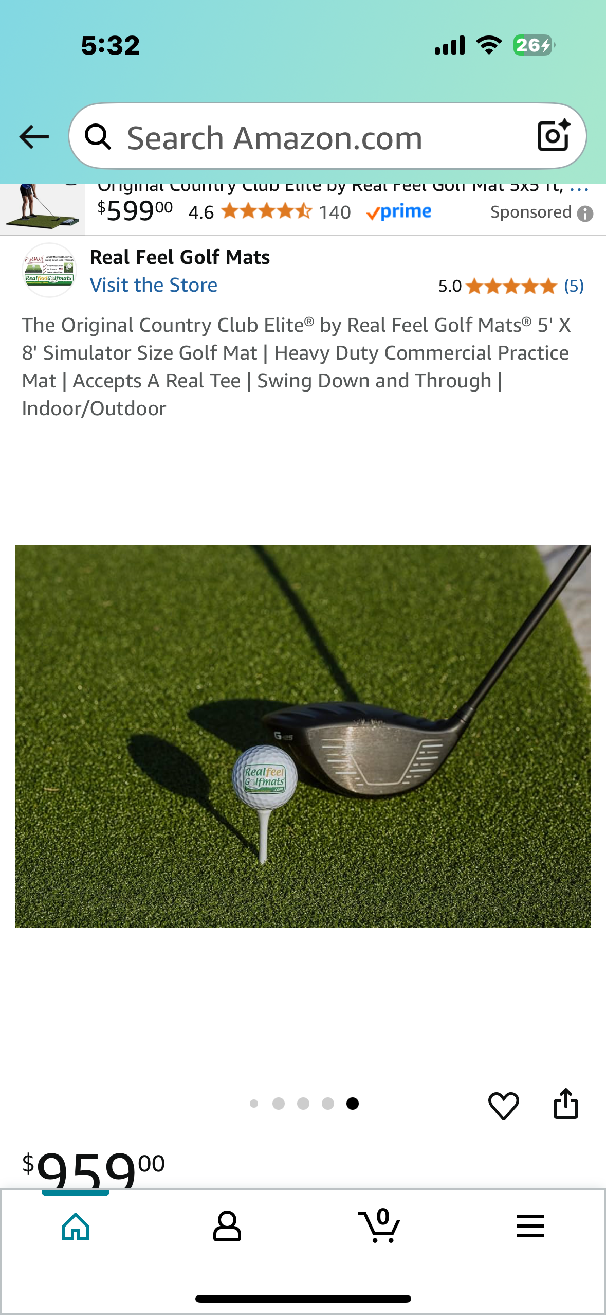 5' X 8' Simulator Size Golf Mat, Heavy Duty Commercial Practice
Mat, Accepts A Real Tee, Swing Down and Through, Indoor/Outdoor (W500)
