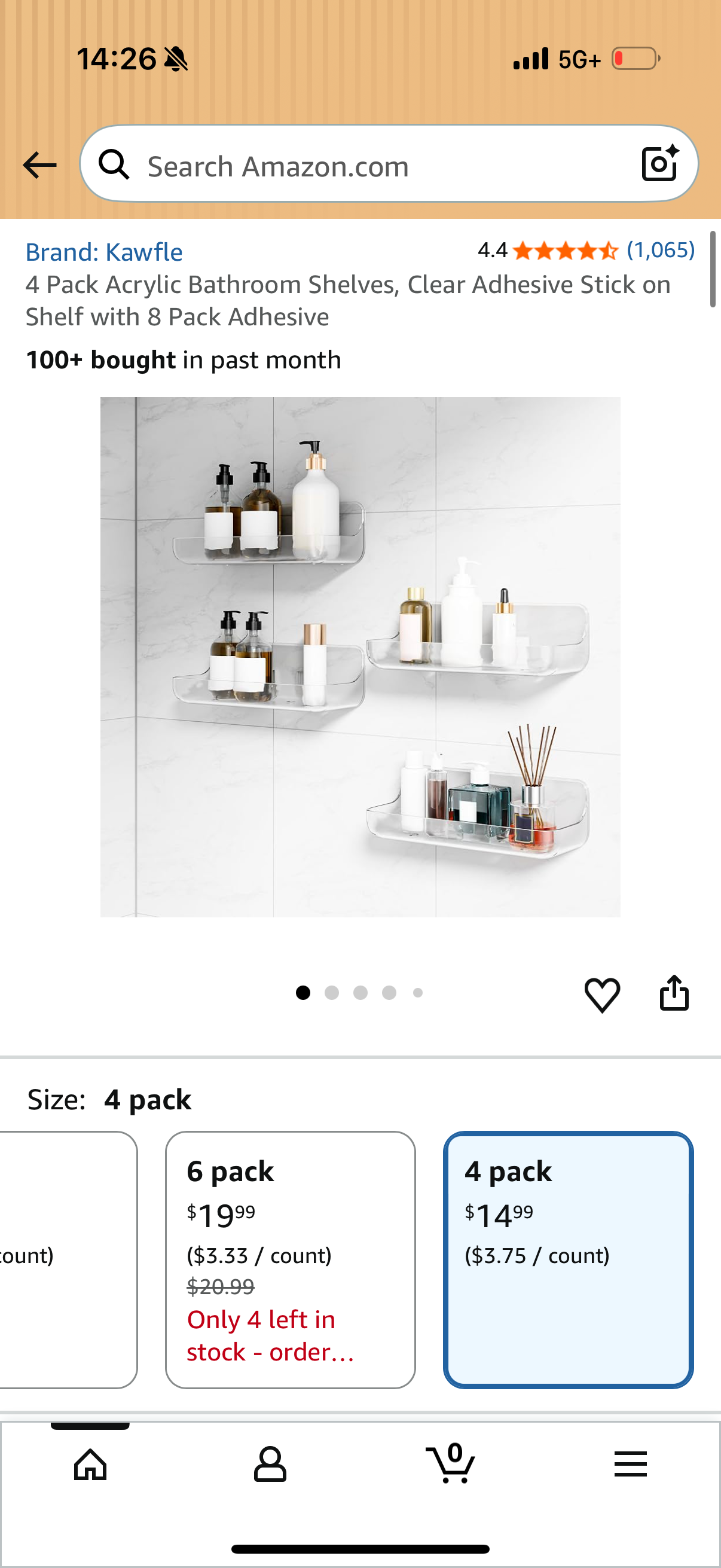 4 Pack Acrylic Bathroom Shelves, Clear Adhesive Stick on Shelf with 8 Pack Adhesive