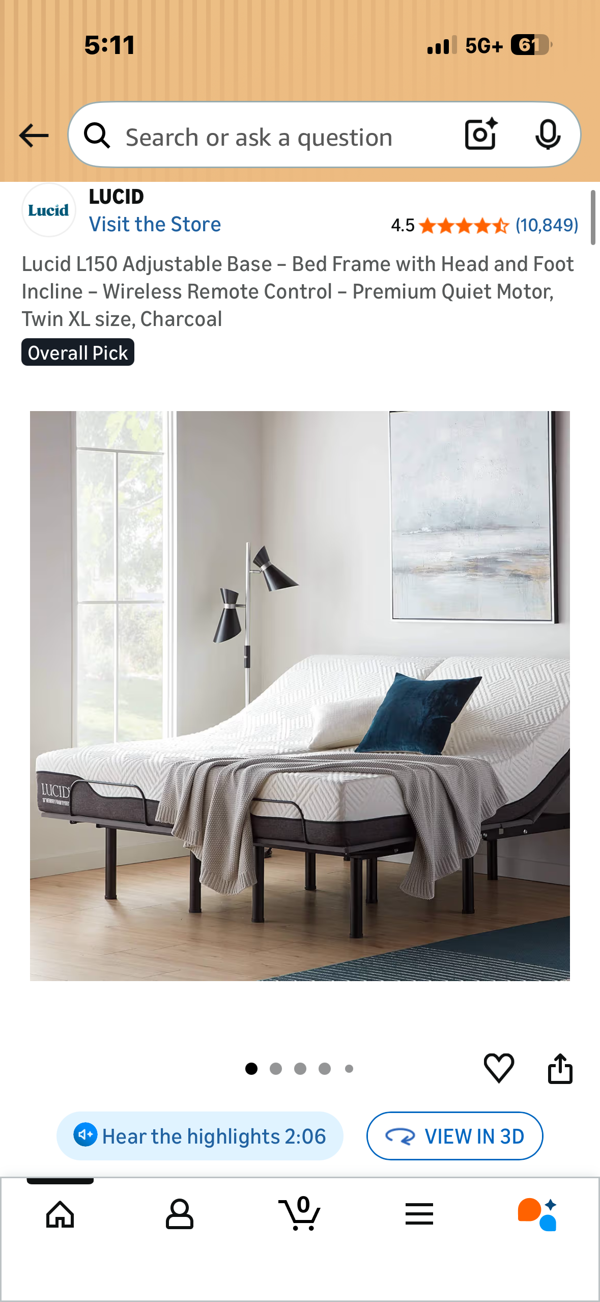 Lucid L150 Adjustable Base - Bed Frame with Head and Foot Incline - Wireless Remote Control - Premium Quiet Motor, Twin XL size, Charcoal (B1231)