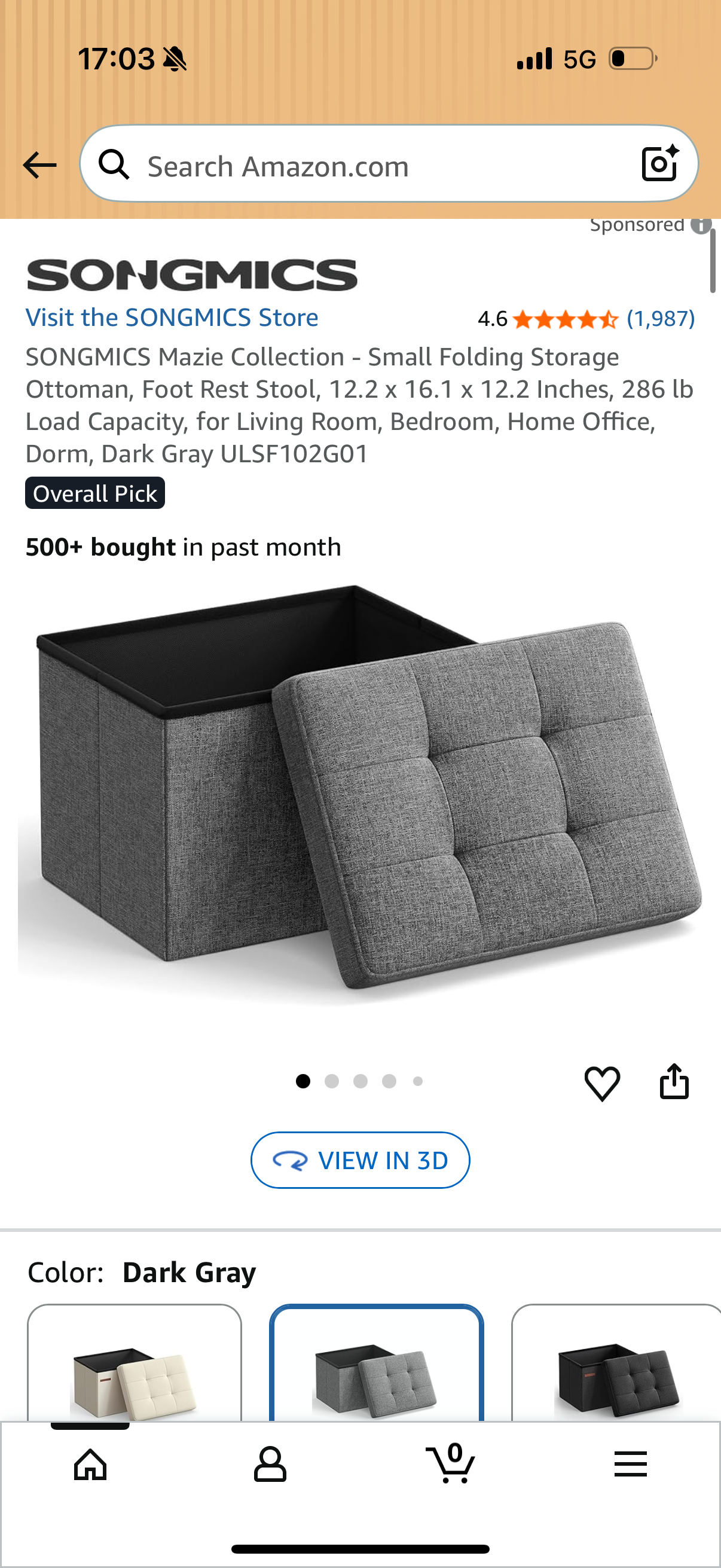 SONGMICS Mazie Collection - Small Folding Storage Ottoman, Foot Rest Stool, 12.2 x 16.1 x 12.2 Inches, 286 lb Load Capacity, for Living Room, Bedroom, Home Office, Dorm, Dark Gray