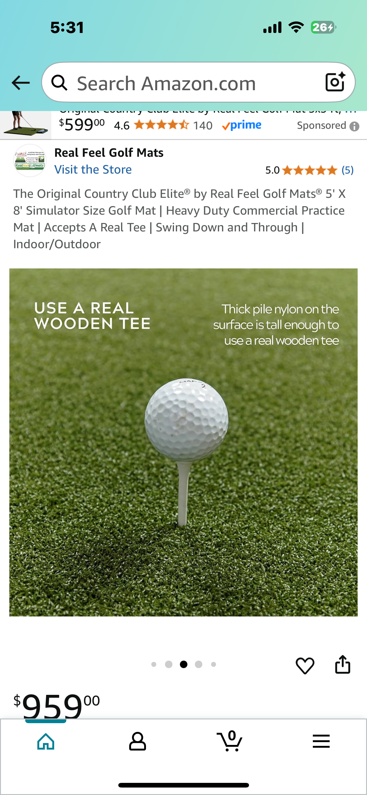 5' X 8' Simulator Size Golf Mat, Heavy Duty Commercial Practice
Mat, Accepts A Real Tee, Swing Down and Through, Indoor/Outdoor (W500)