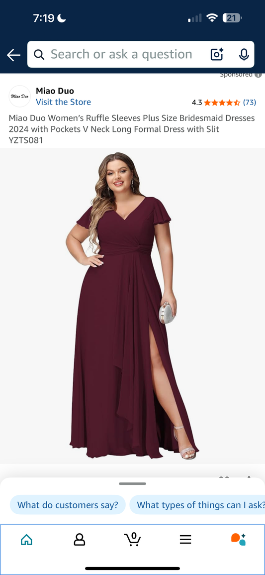 Miao Duo Women’s Ruffle Sleeves Plus Size Bridesmaid Dresses 2024 with Pockets V Neck Long Formal Dress with Slit (Size 8)