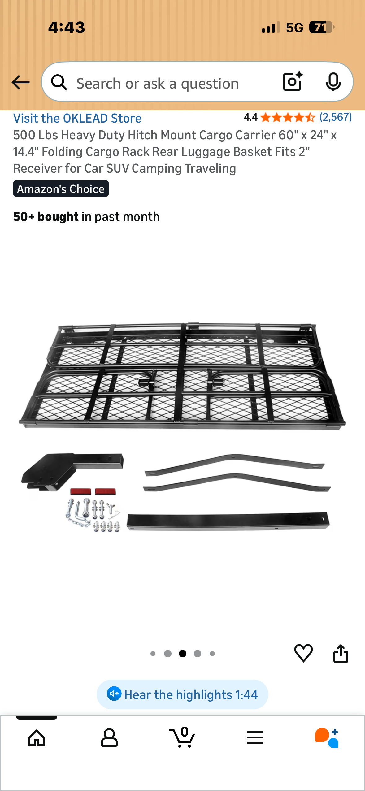 500 Lbs Heavy Duty Hitch Mount Cargo Carrier,  60"×24"x14.4"  Folding Cargo Rack, Rear Luggage Basket, Fits 2"
Receiver for Car, SUV, Camping, Traveling (G1023)