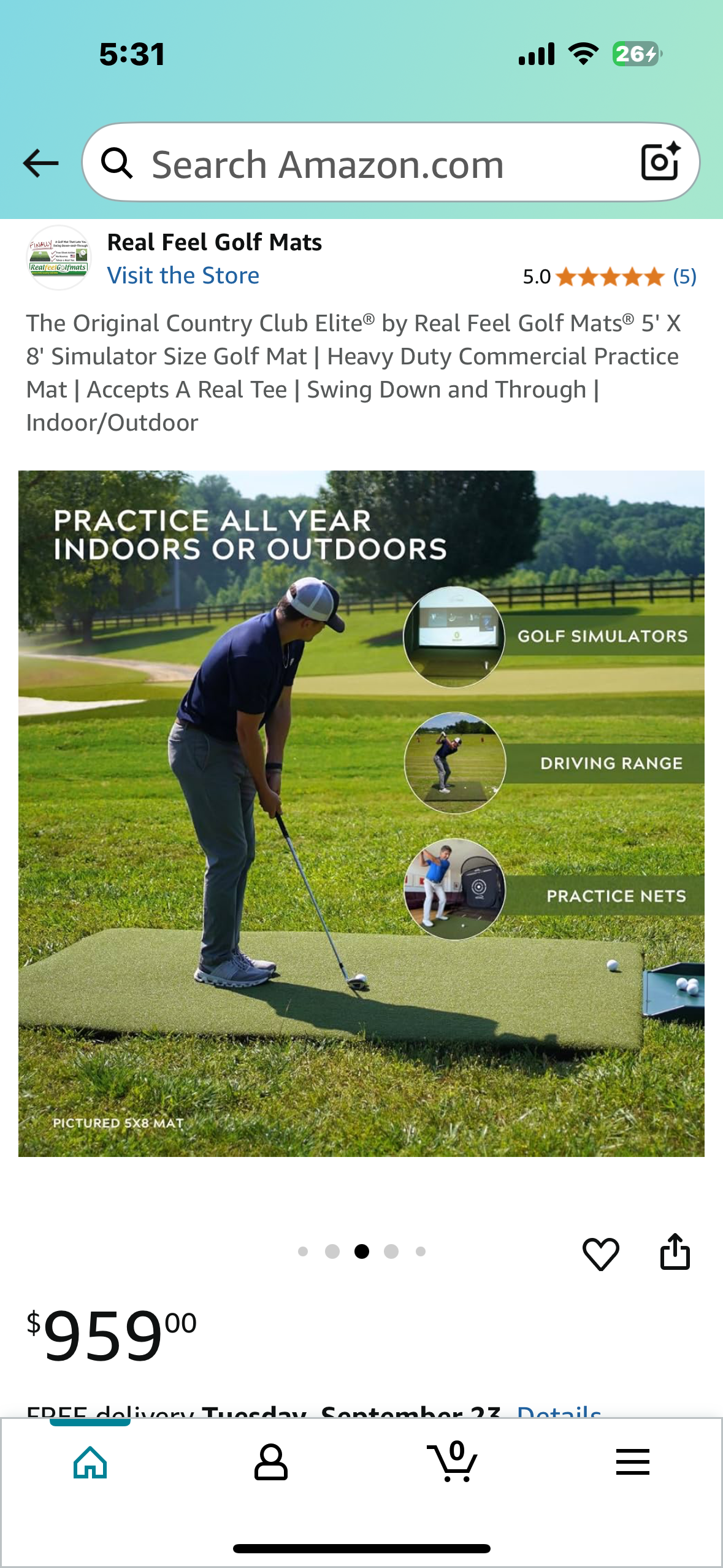 5' X 8' Simulator Size Golf Mat, Heavy Duty Commercial Practice
Mat, Accepts A Real Tee, Swing Down and Through, Indoor/Outdoor (W500)
