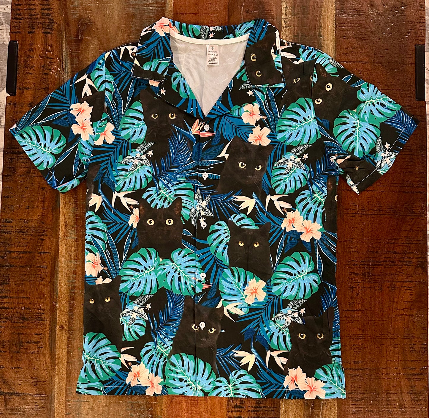 Black Cat Tropical Hawaiian Button Down Cat Shirt (Size Adult M)