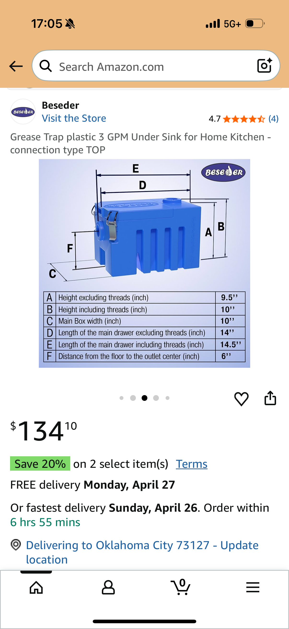 Grease Trap plastic 3 GPM Under Sink for Home Kitchen - connection type TOP