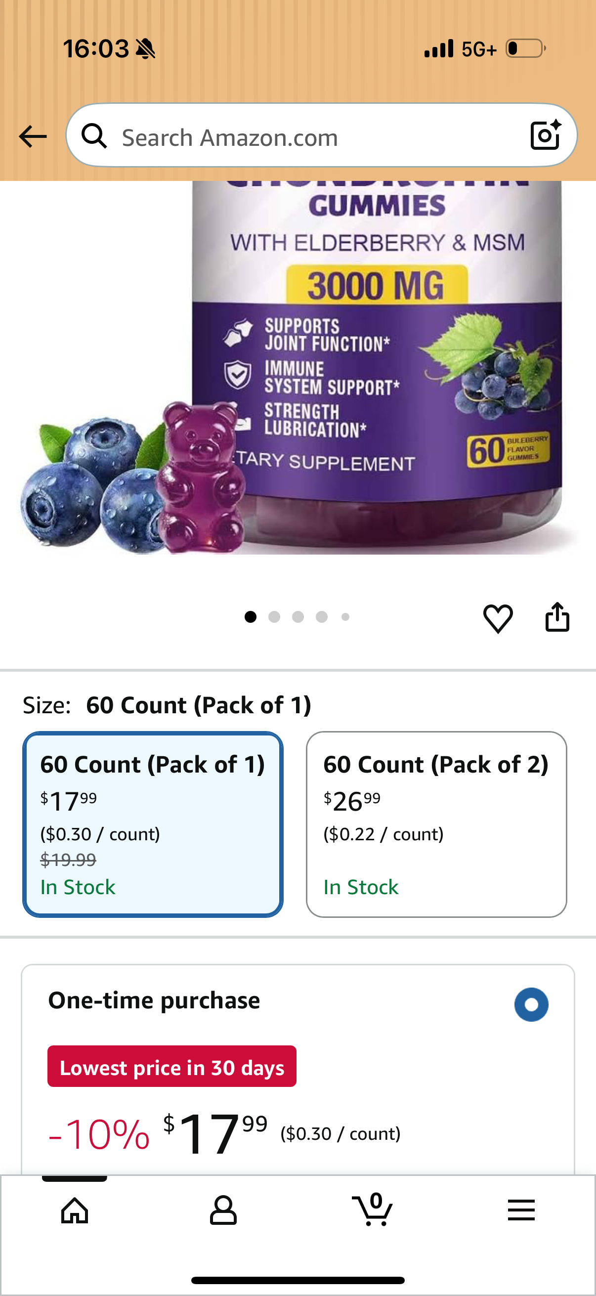 1 Pack 3000MG Glucosamine Chondroitin Gummies with MSM & Elderberry Extra Strength - Joint Support, Antioxidant Immune Support Supplement for Adults, Men & Women - 60 Blueberry Gummies BB:12/26