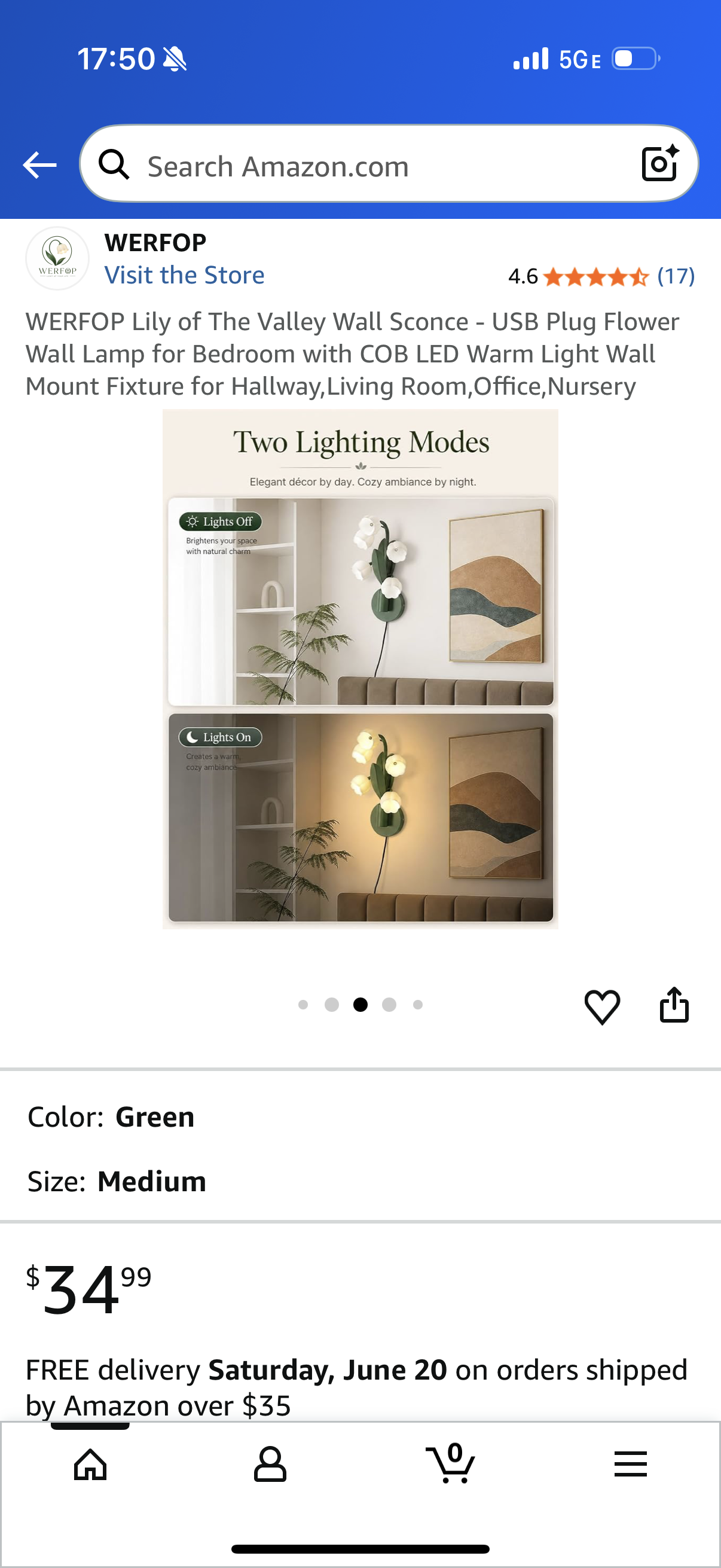 WERFOP Lily of The Valley Wall Sconce - USB Plug Flower Wall Lamp for Bedroom with COB LED Warm Light Wall Mount Fixture for Hallway,Living Room,Office,Nursery
