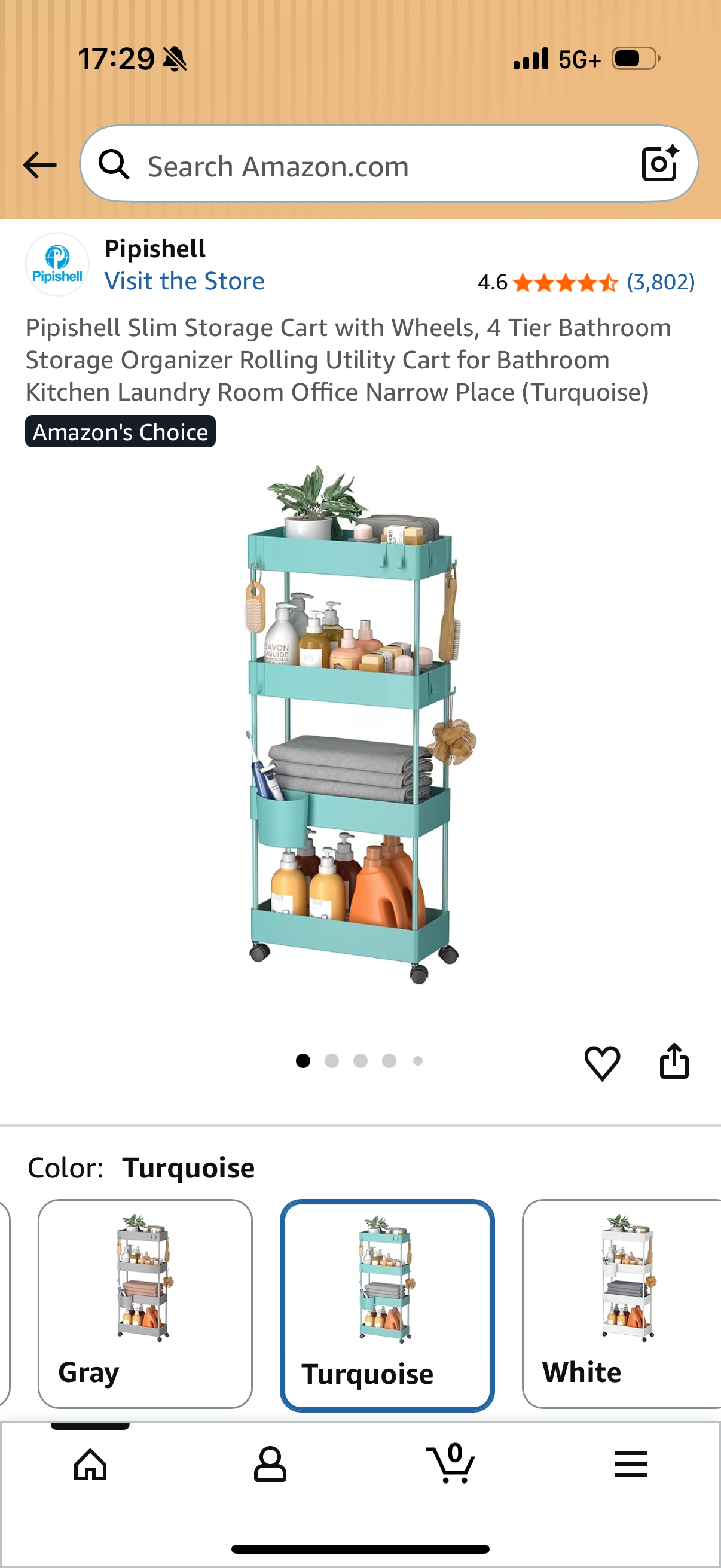 Pipishell Slim Storage Cart with Wheels, 4 Tier Bathroom Storage Organizer Rolling Utility Cart for Bathroom Kitchen Laundry Room Office Narrow Place (Turquoise)