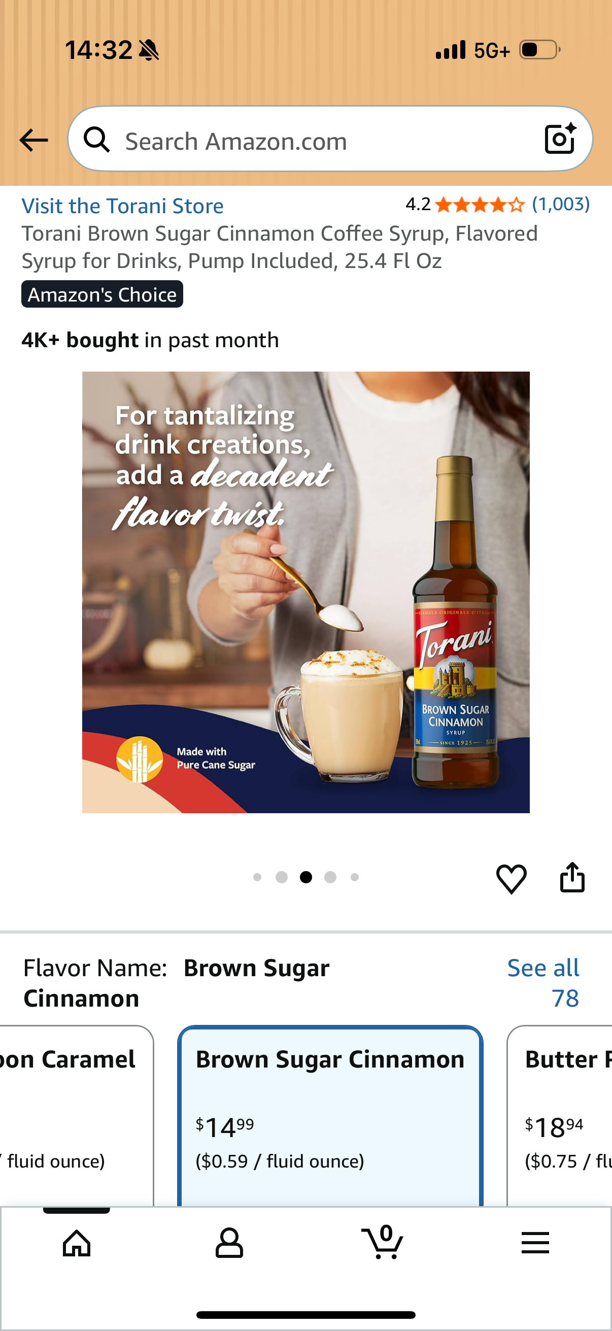 Torani Brown Sugar Cinnamon Coffee Syrup, Flavored Syrup for Drinks, Pump Included, 25.4 Fl Oz