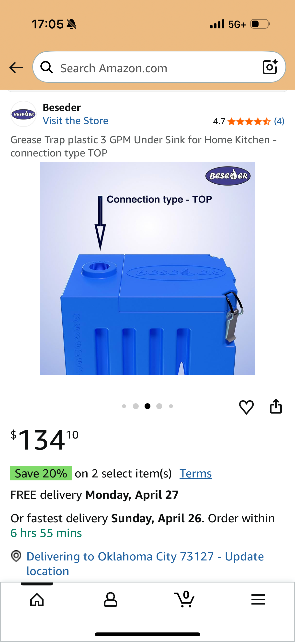 Grease Trap plastic 3 GPM Under Sink for Home Kitchen - connection type TOP