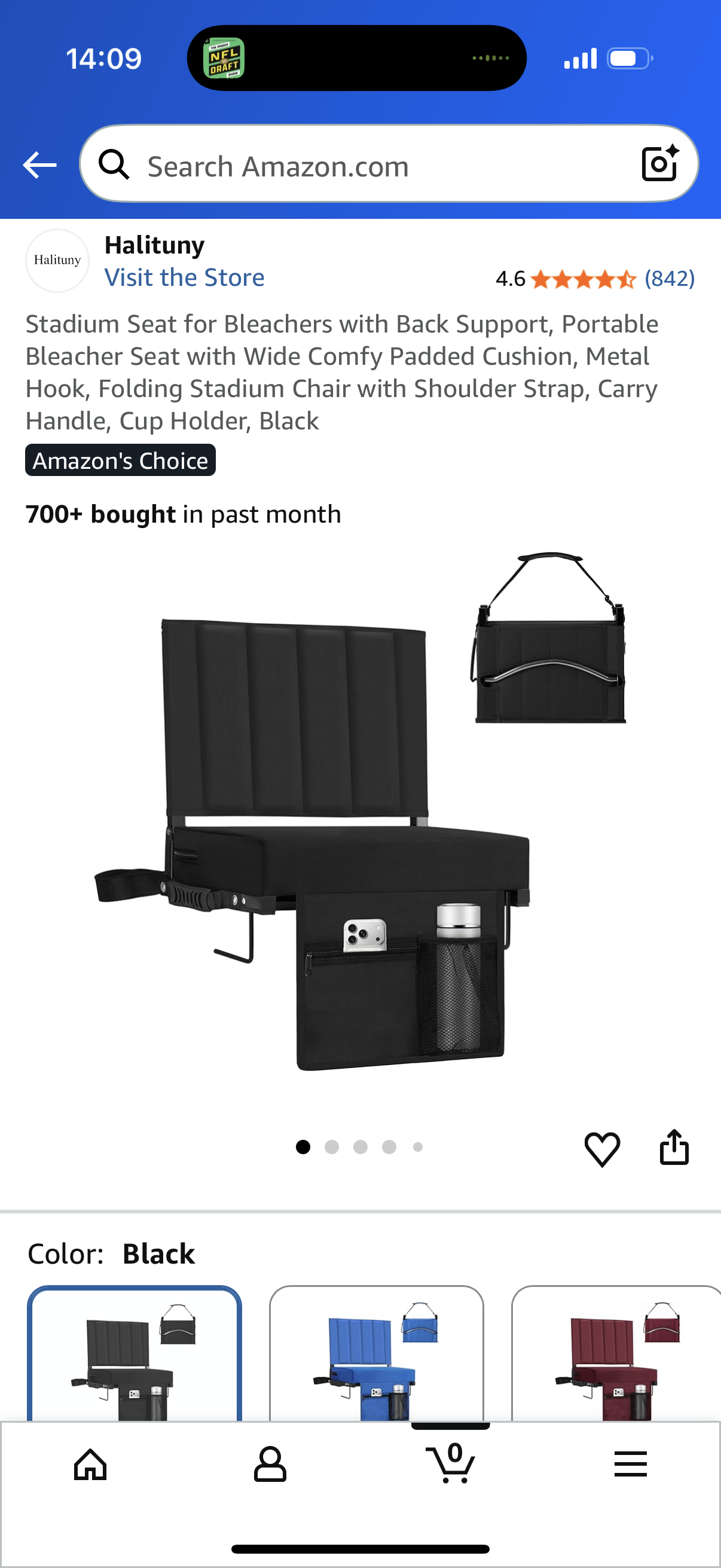 Stadium Seat for Bleachers with Back Support, Portable Bleacher Seat with Wide Comfy Padded Cushion, Metal Hook, Folding Stadium Chair with Shoulder Strap, Carry Handle, Cup Holder, Black