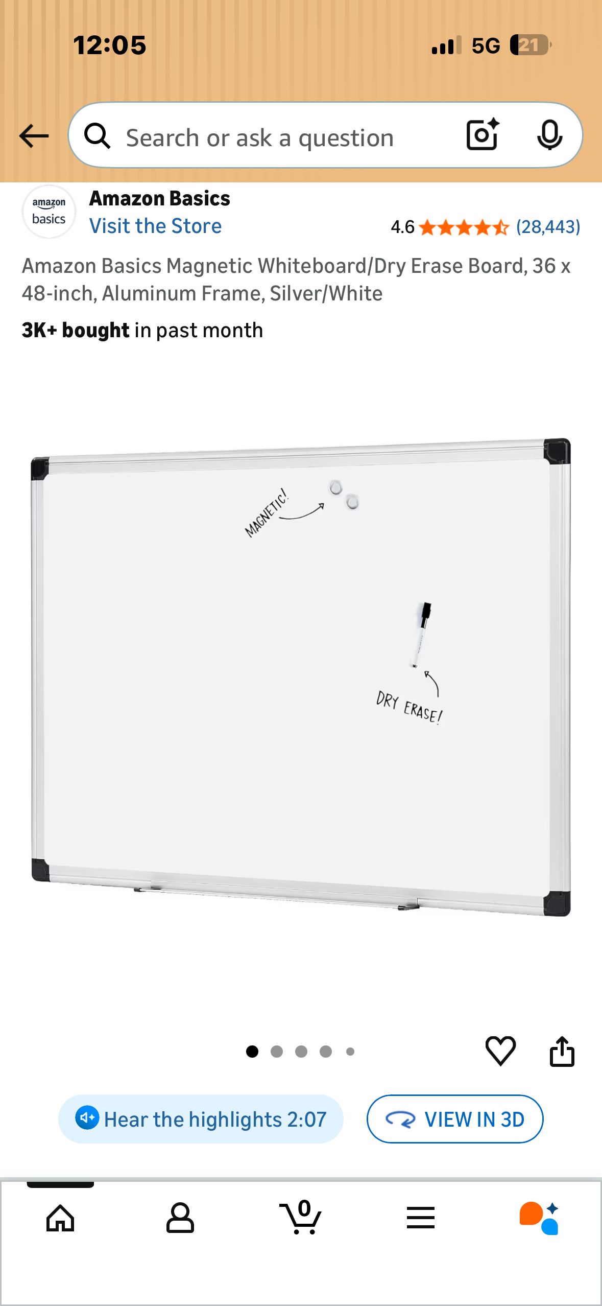 Amazon Basics Magnetic Whiteboard/Dry Erase Board, 36 x 48-inch, Aluminum Frame, Silver/White (O504)