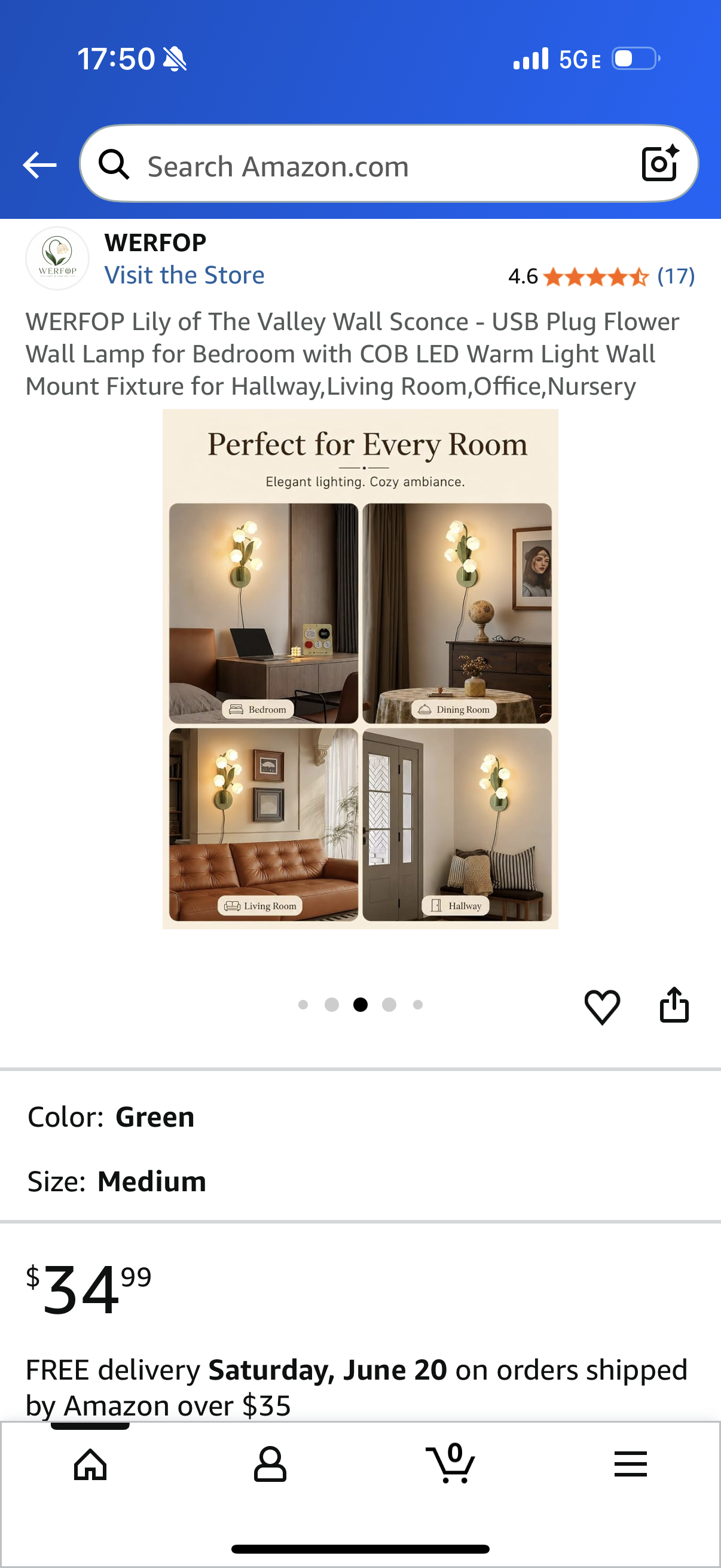 WERFOP Lily of The Valley Wall Sconce - USB Plug Flower Wall Lamp for Bedroom with COB LED Warm Light Wall Mount Fixture for Hallway,Living Room,Office,Nursery