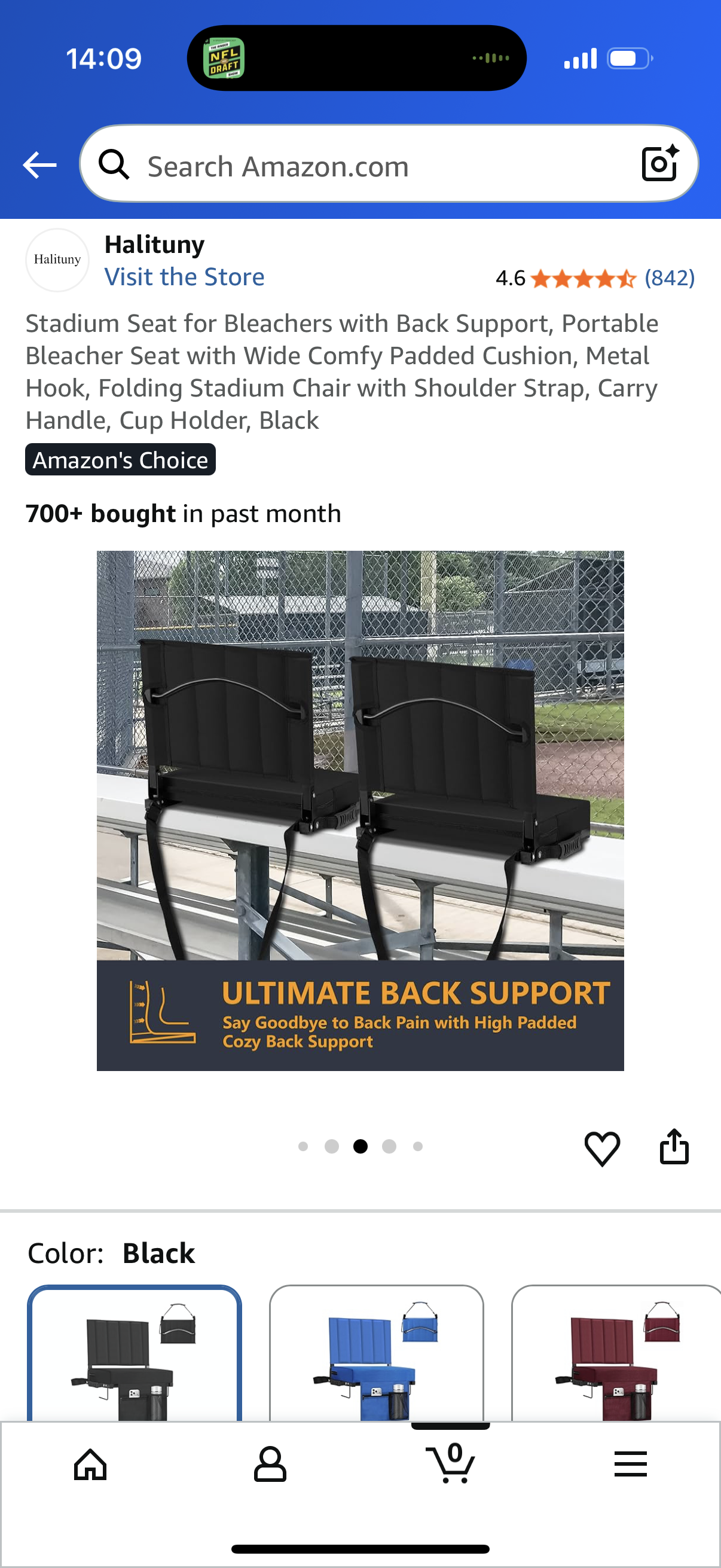 Stadium Seat for Bleachers with Back Support, Portable Bleacher Seat with Wide Comfy Padded Cushion, Metal Hook, Folding Stadium Chair with Shoulder Strap, Carry Handle, Cup Holder, Black