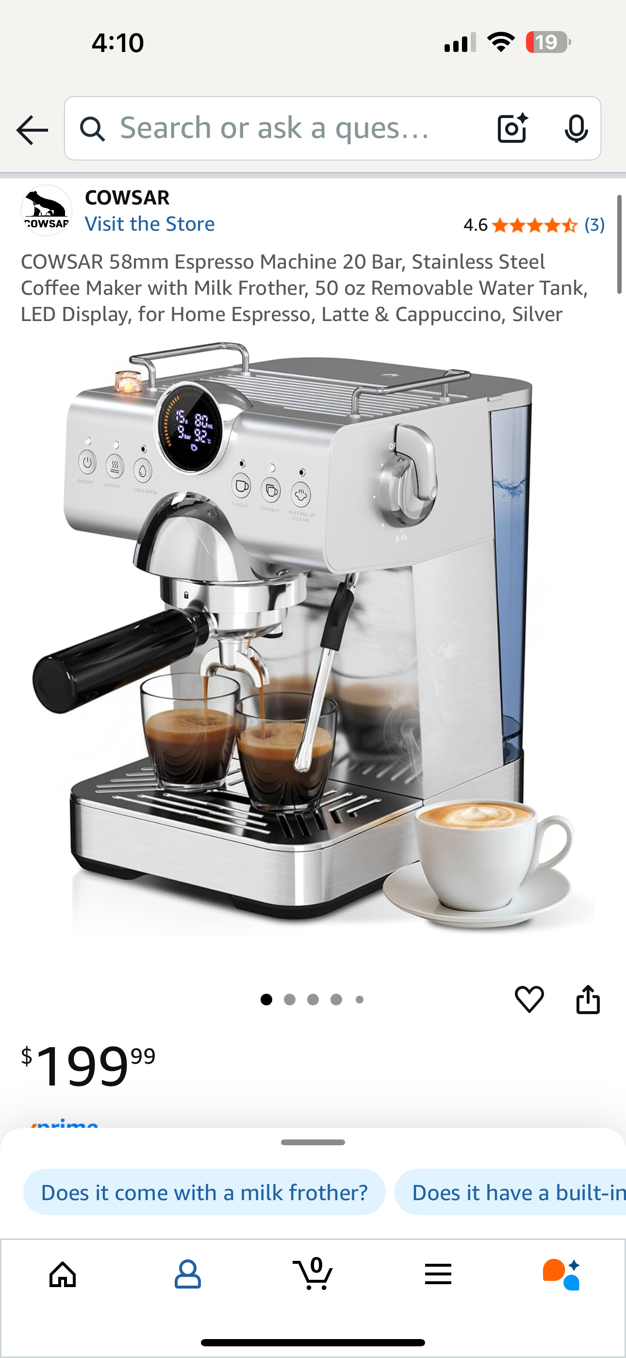 COWSAR 58mm Espresso Machine 20 Bar, Stainless Steel Coffee Maker with Milk Frother, 50 oz Removable Water Tank, LED Display, for Home Espresso, Latte & Cappuccino, Silver