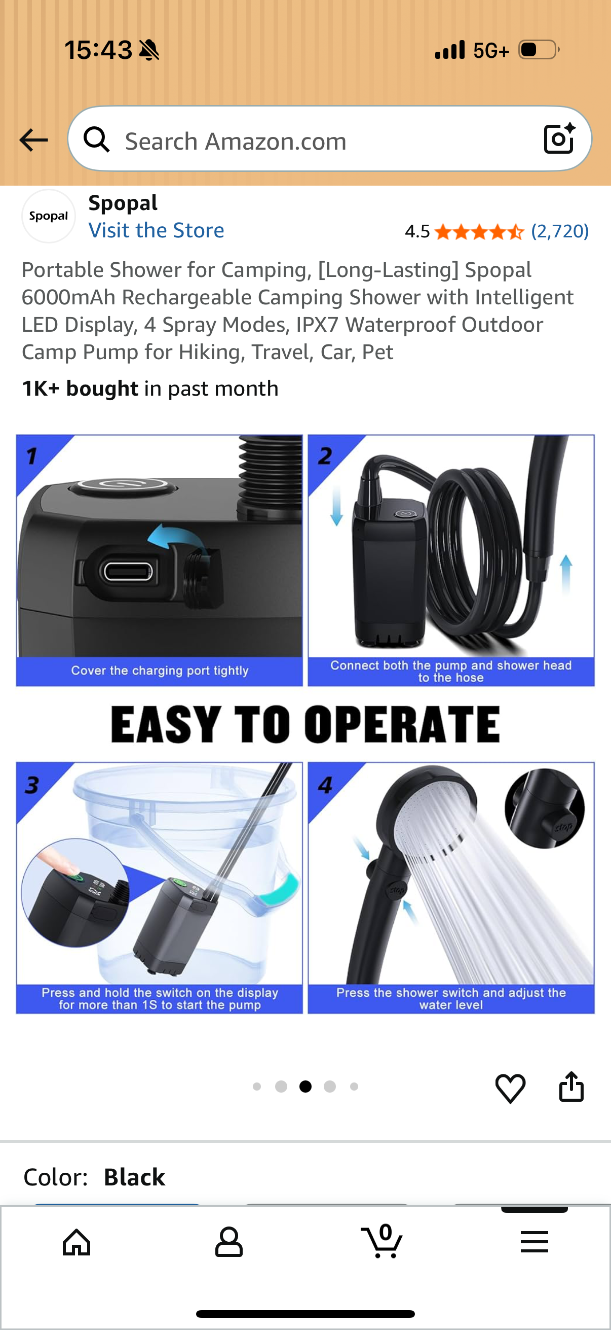 Portable Shower for Camping, [Long-Lasting] Spopal 6000mAh Rechargeable Camping Shower with Intelligent LED Display, 4 Spray Modes, IPX7 Waterproof Outdoor Camp Pump for Hiking, Travel, Car, Pet