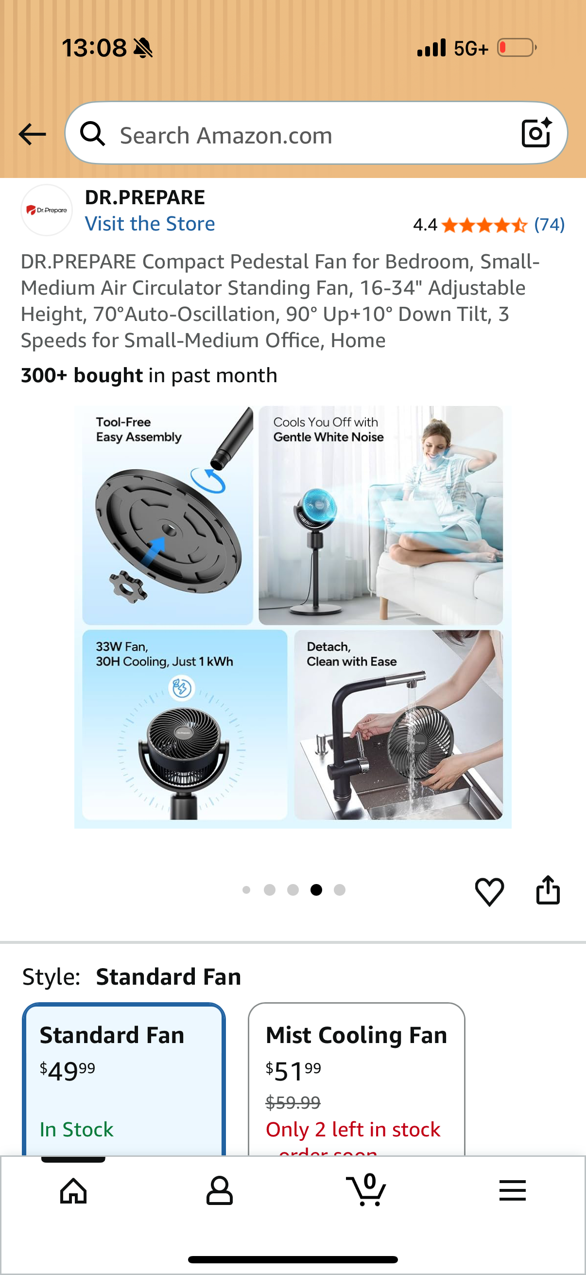 DR.PREPARE Compact Pedestal Fan for Bedroom, Small-Medium Air Circulator Standing Fan, 16-34" Adjustable Height, 70°Auto-Oscillation, 90° Up+10° Down Tilt, 3 Speeds for Small-Medium Office, Home