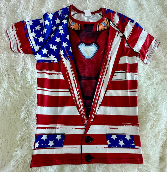 Men's fitness compression short sleeve shirt, iron man/American flag (Size XL)