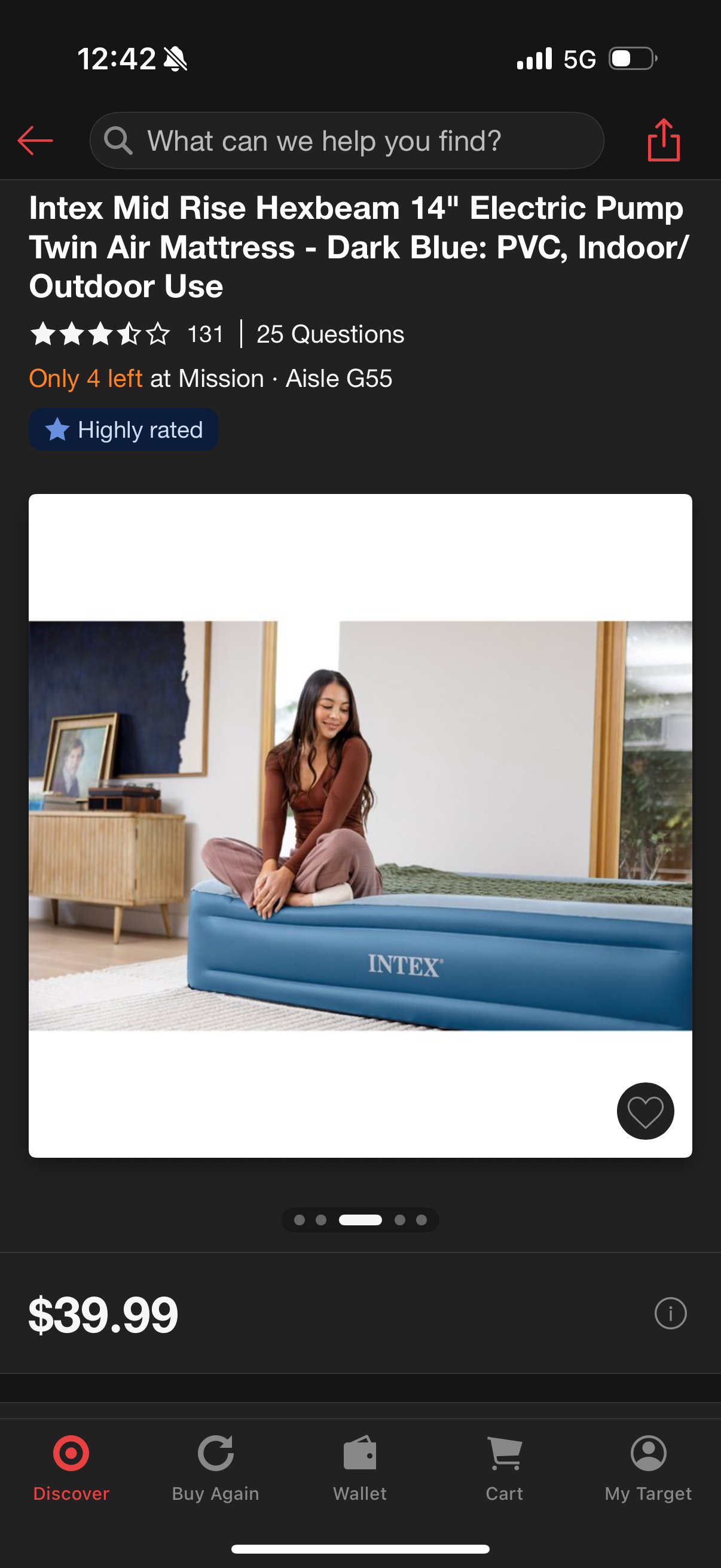 Intex Mid Rise Hexbeam 14" Electric Pump Twin Air Mattress - Dark Blue: PVC, Indoor/ Outdoor Use