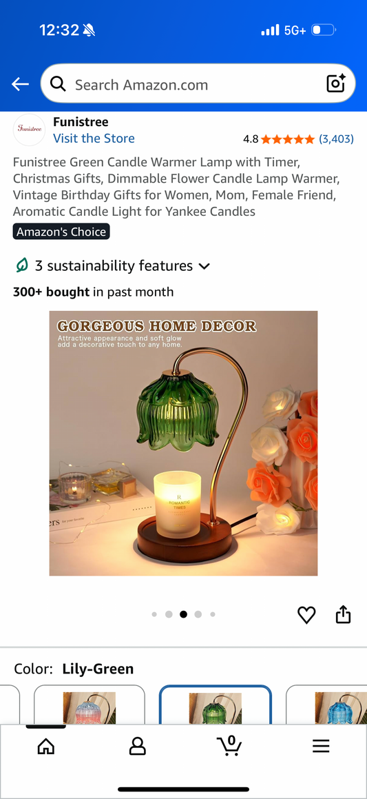 Funistree Green Candle Warmer Lamp with Timer, Christmas Gifts, Dimmable Flower Candle Lamp Warmer, Vintage Birthday Gifts for Women, Mom, Female Friend, Aromatic Candle Light for Yankee Candles