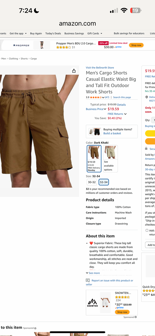 Bellnorth Men's Cargo Shorts Casual Elastic Waist Big and Tall Fit Outdoor Work Shorts (Size 36)