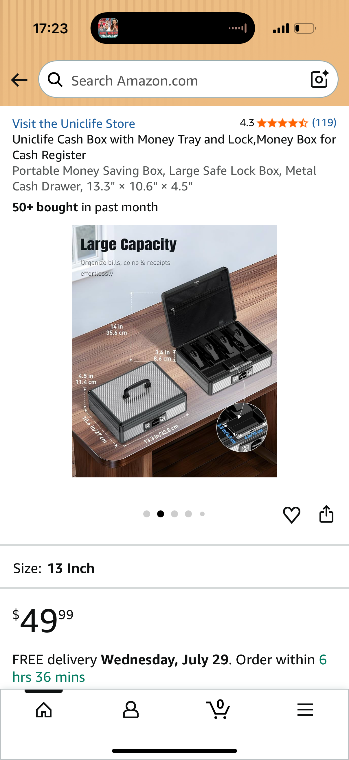 Cash Box with Money Tray and Lock,Money Box for Cash Register Portable Money Saving Box, Large Safe Lock Box, Metal Cash Drawer, 13.3" × 10.6" × 4.5"