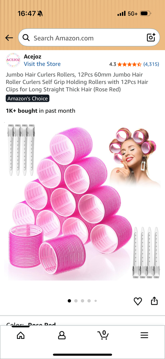 Jumbo Hair Curlers Rollers, 12Pcs 60mm Jumbo Hair Roller Curlers Self Grip Holding Rollers with 12Pcs Hair Clips for Long Straight Thick Hair (Rose Red)