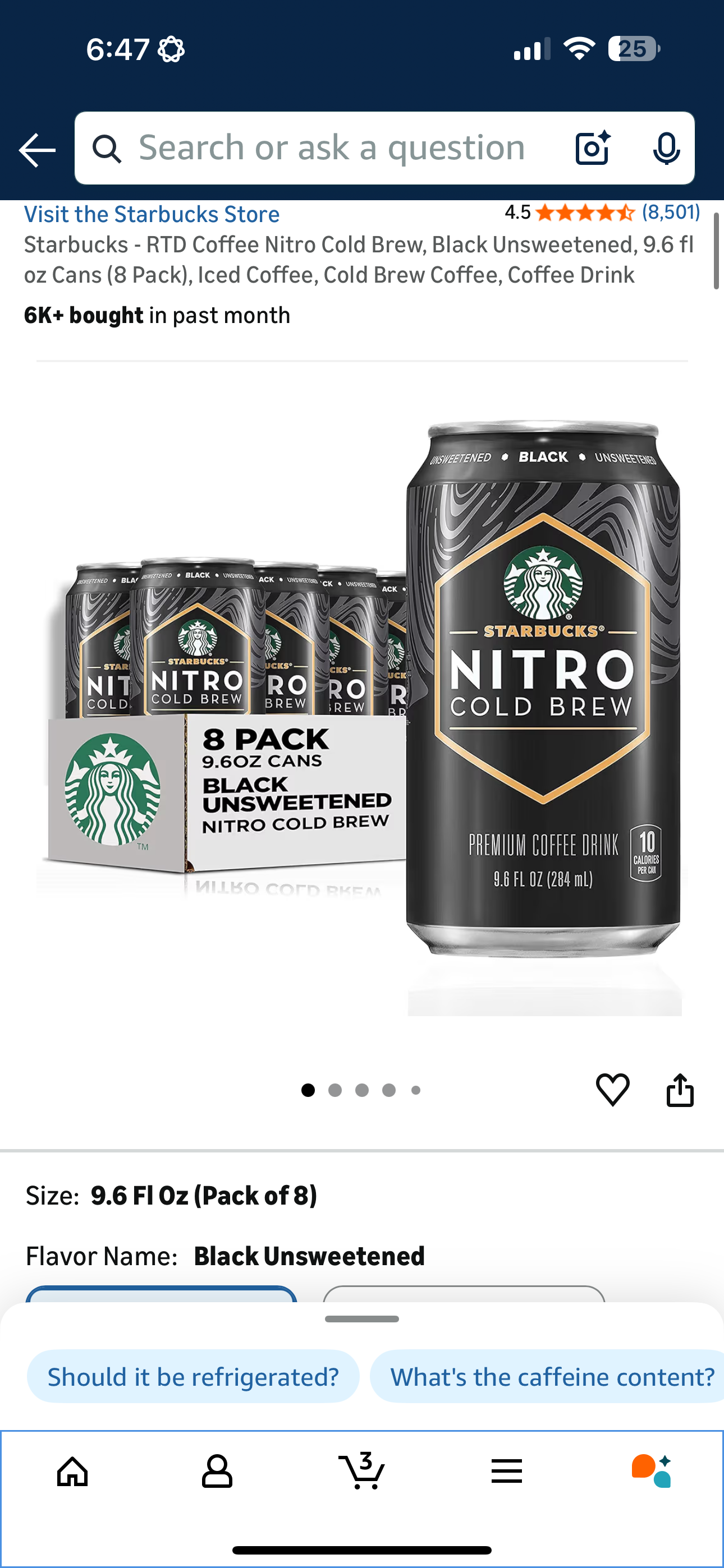 Starbucks - RTD Coffee Nitro Cold Brew, Black Unsweetened, 9.6 fl oz Cans (8 Pack), Iced Coffee, Cold Brew Coffee, Coffee Drink