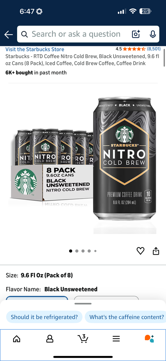 Starbucks - RTD Coffee Nitro Cold Brew, Black Unsweetened, 9.6 fl oz Cans (8 Pack), Iced Coffee, Cold Brew Coffee, Coffee Drink