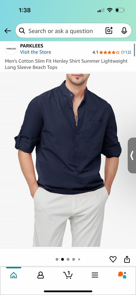 Men's Navy Cotton Slim Fit Shirt Lightweight Long Sleeve Top (Size S)