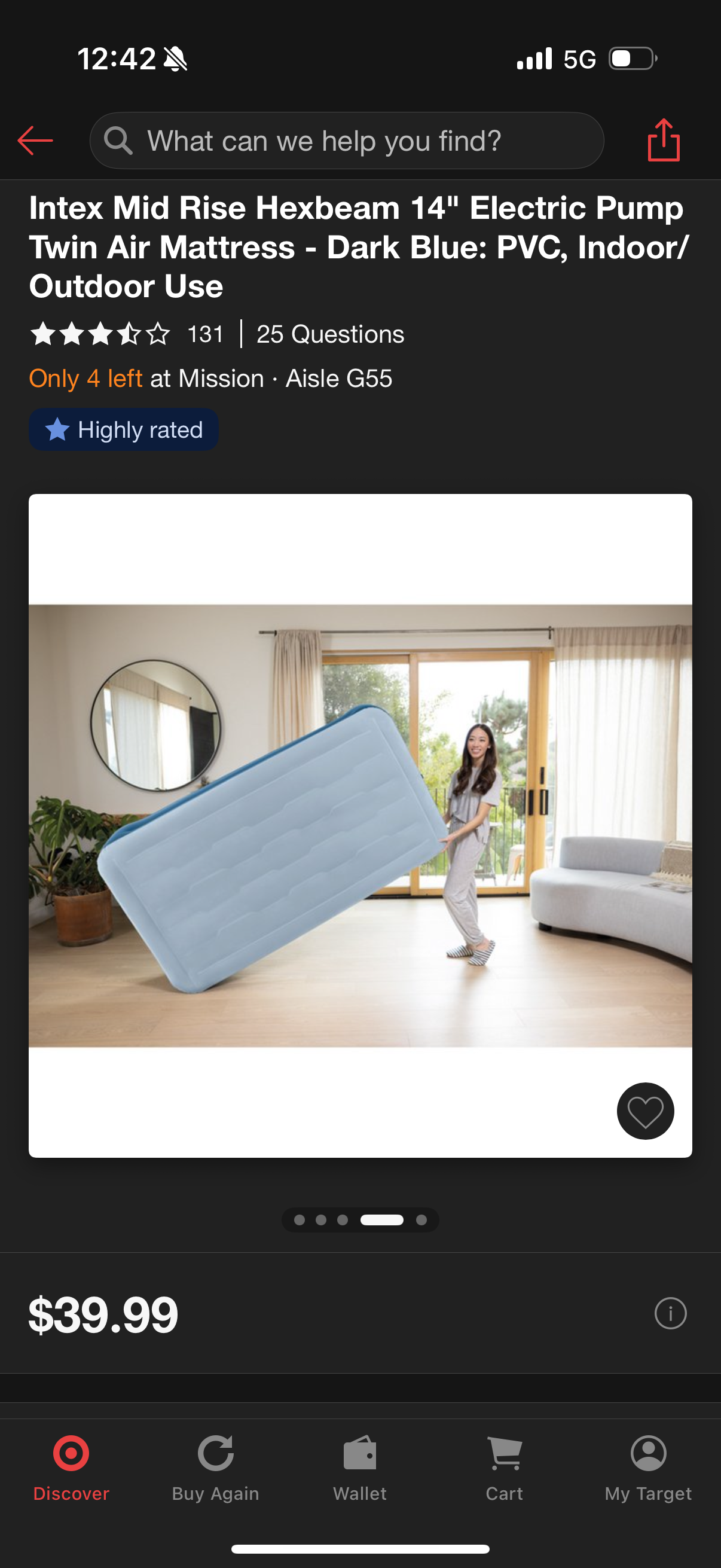 Intex Mid Rise Hexbeam 14" Electric Pump Twin Air Mattress - Dark Blue: PVC, Indoor/ Outdoor Use