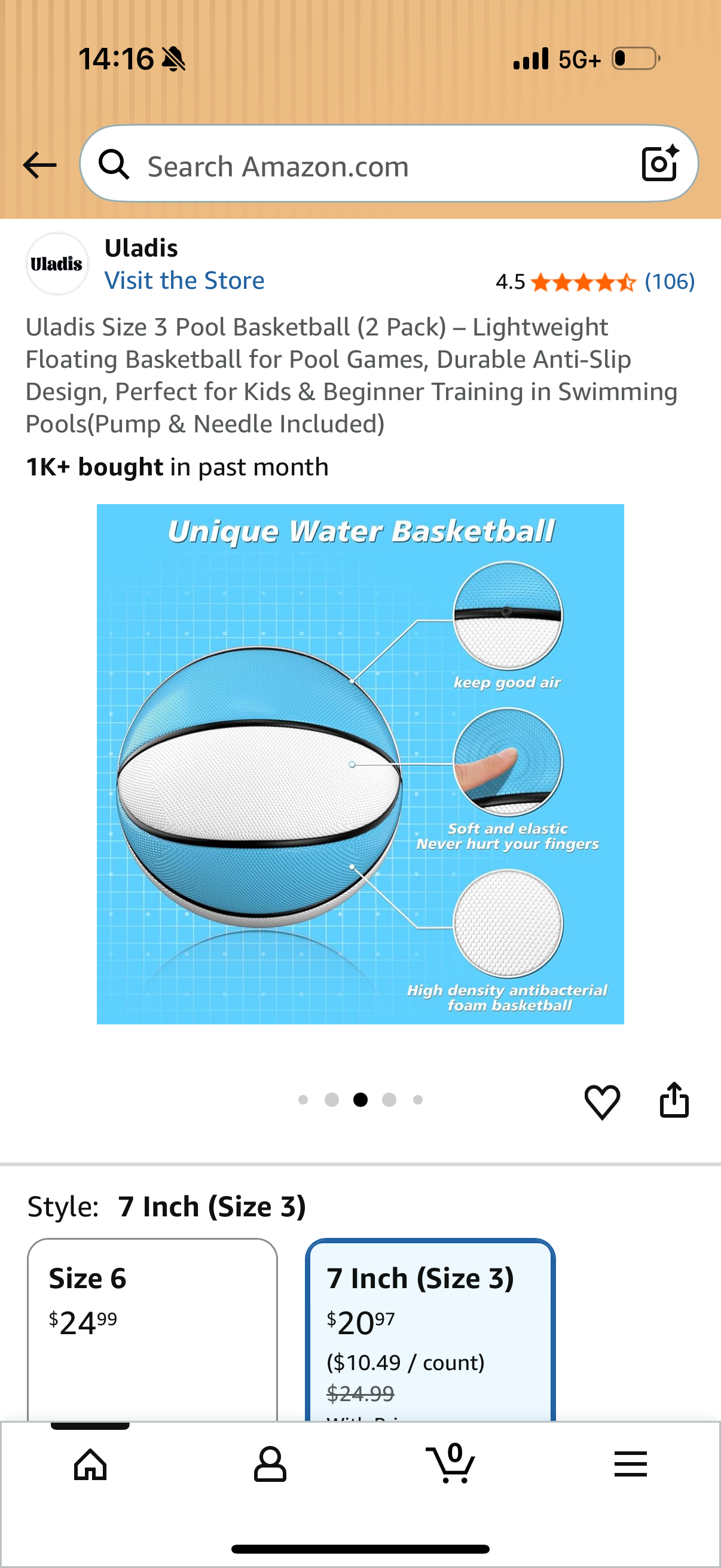 Uladis Size 3 Pool Basketball (2 Pack) – Lightweight Floating Basketball for Pool Games, Durable Anti-Slip Design, Perfect for Kids & Beginner Training in Swimming Pools(Pump & Needle Included)