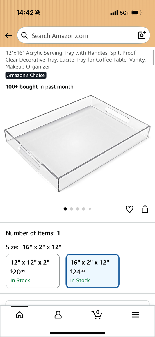 12"x16" Acrylic Serving Tray with Handles, Spill Proof Clear Decorative Tray, Lucite Tray for Coffee Table, Vanity, Makeup Organizer