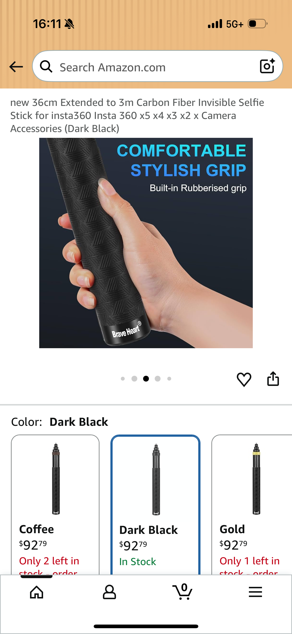 36cm Extended to 3m Carbon Fiber Invisible Selfie Stick for insta360 Insta 360 x5 x4 x3 x2 x Camera Accessories (Dark Black)