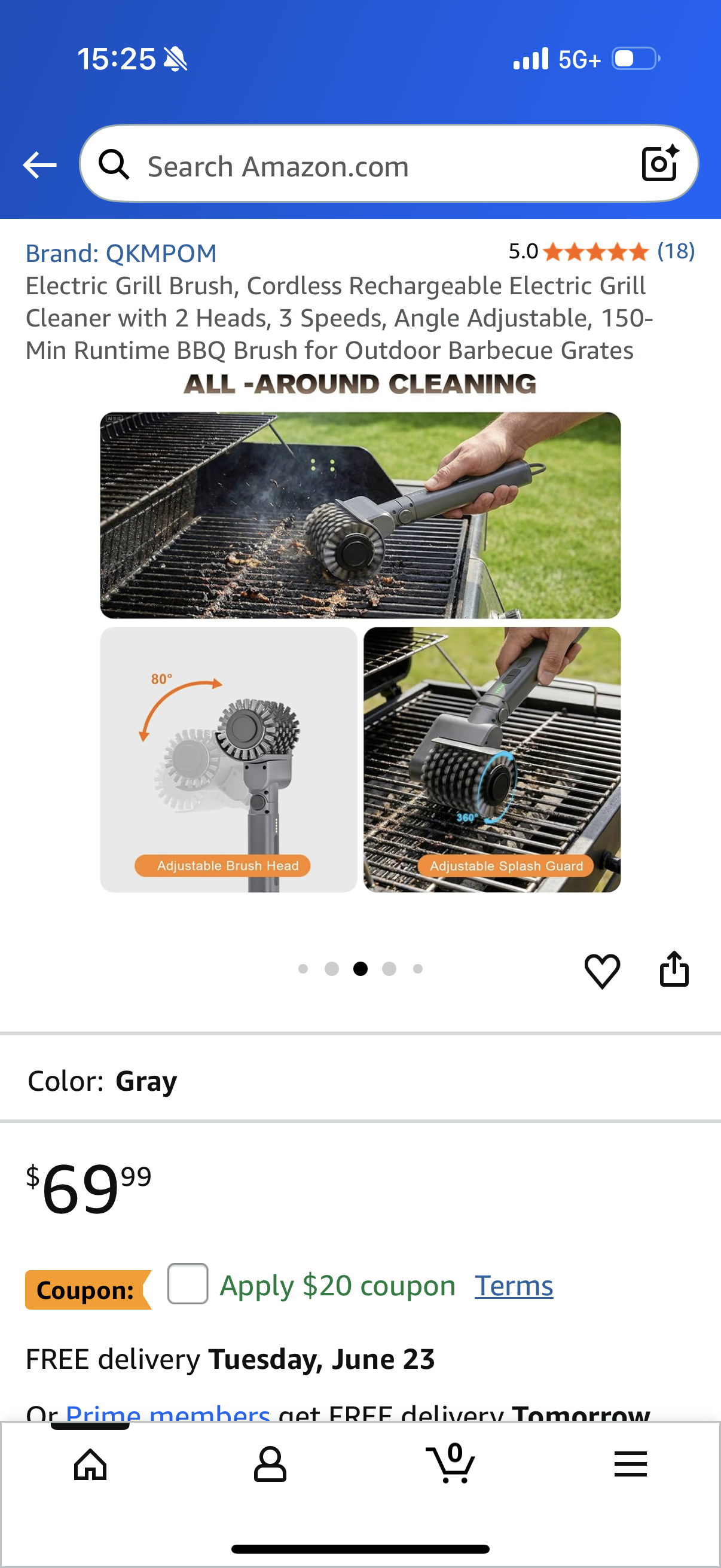 Electric Grill Brush, Cordless Rechargeable Electric Grill Cleaner with 2 Heads, 3 Speeds, Angle Adjustable, 150-Min Runtime BBQ Brush for Outdoor Barbecue Grates