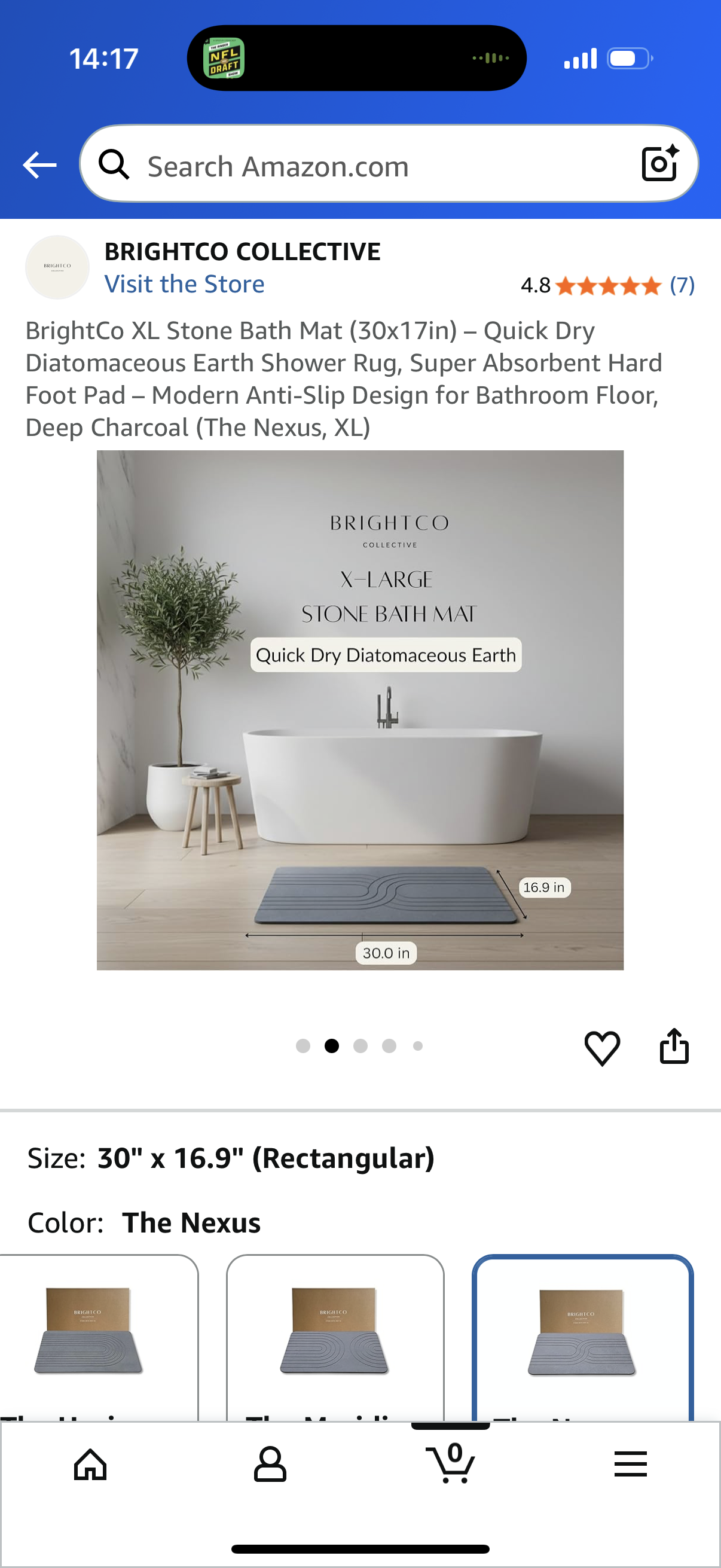 BrightCo XL Stone Bath Mat (30x17in) – Quick Dry Diatomaceous Earth Shower Rug, Super Absorbent Hard Foot Pad – Modern Anti-Slip Design for Bathroom Floor, Deep Charcoal (The Nexus, XL)